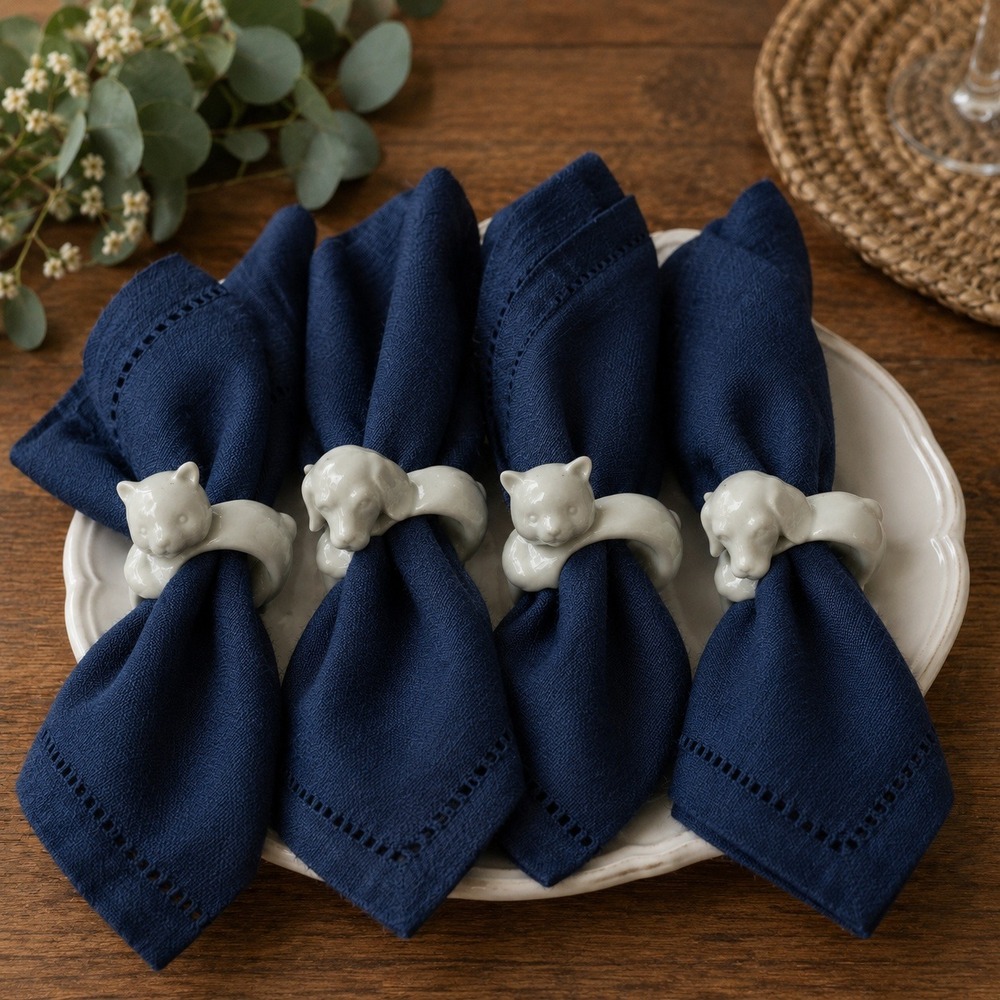 Vintage White Ceramic Animal Napkin Rings Set of 4 Bear Cat Dog Porcelain Japan